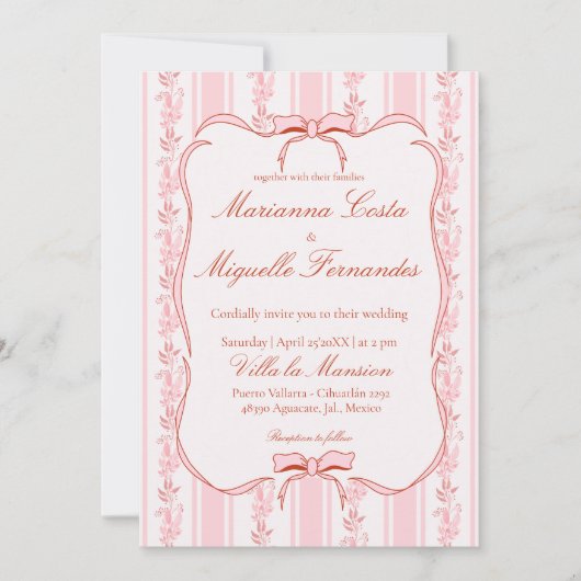 Pastellrosa Vintage Blumenstreifen Hochzeit Einladung (Vorderseite)