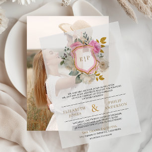Pastellrosa Wappen Monogramm Hochzeit Pergament Einladungen