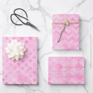 Pastellrosa Wasserfarbe-Punkte Chevron-Diamant Geschenkpapier Set