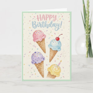 Pastellrosa Wasserfarben-Eiscreme-Kegel-Geburtstag Karte