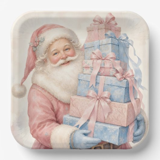 Pastellrosa Weihnachtsmann mit Geschenken Pappteller (Vorderseite)