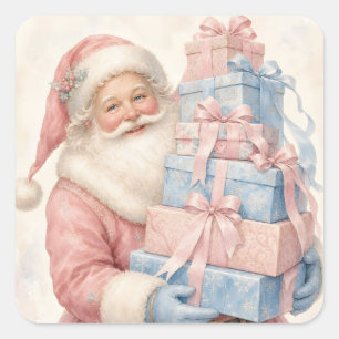 Pastellrosa Weihnachtsmann mit Geschenken  Quadratischer Aufkleber