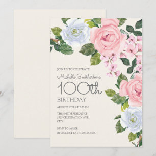 Pastellrosa-weiße Blumengestaltung zum 100. Geburt Einladung