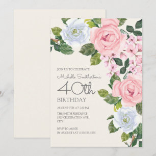 Pastellrosa Weiße Flora 40. Geburtstag Einladung