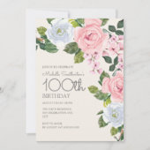 Pastellrosa Weiße Flora Frau 100. Geburtstag Einladung (Vorderseite)