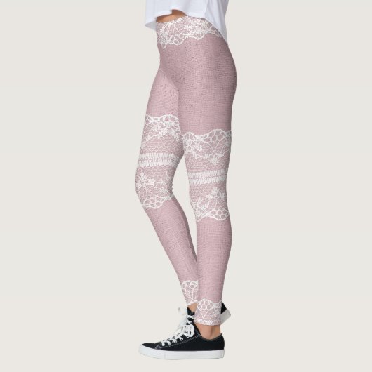 Pastellrosa, weiße Spitzentextur Leggings (Links)