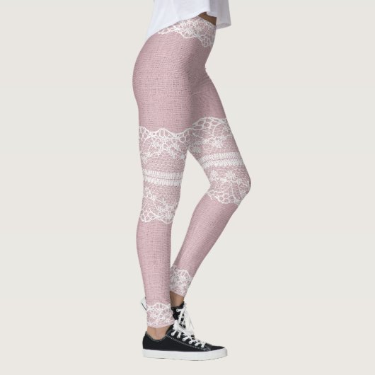Pastellrosa, weiße Spitzentextur Leggings (Rechts)