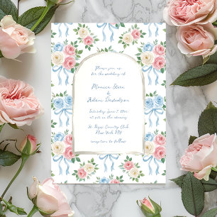 Pastellrosa, weiße und blaue Rosen & Bogen mit Ban Einladung