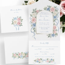 Pastellrosa, weiße und blaue Rosen und Bogen mit B