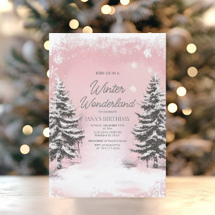 Pastellrosa Winter Wonderland Geburtstagsfeier Einladung