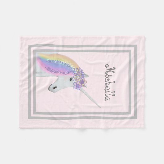 Pastellrosaunicorn-personalisierte mit Blumendecke Fleecedecke (Vorderseite (Horizontal))