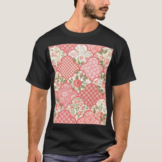 Pastellrosen Blumen-Patchwork-Muster T-Shirt (Vorderseite)