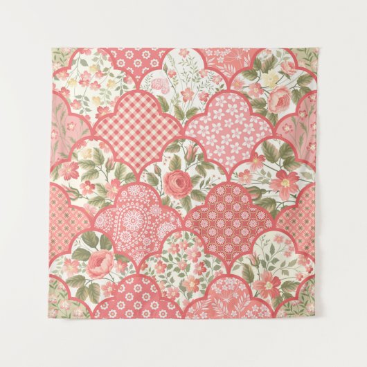 Pastellrosen Blumen-Patchwork-Muster Wandteppich (Vorderseite)
