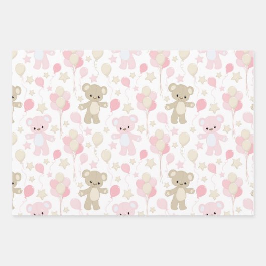 PASTELLSCHIRME AUS PINK & TAN TEDDY BEARS STARS GESCHENKPAPIER SET (Vorderseite)