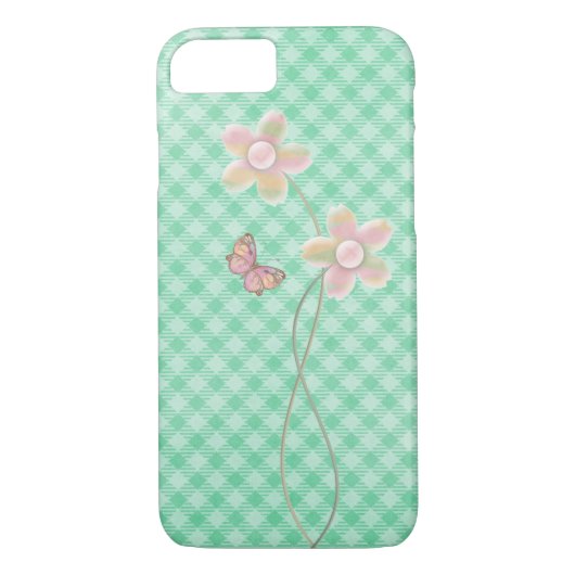 Pastellschmetterling und Blume auf karierten grüne Case-Mate iPhone Hülle (Rückseite)
