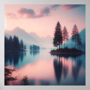 Pastellsee-Sonnenuntergang, ruhiges Wasser und Ber Poster