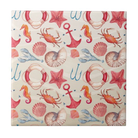 PastellseeSeepferd-Anker-Krabben-Muschelhummer Fliese (Vorderseite)
