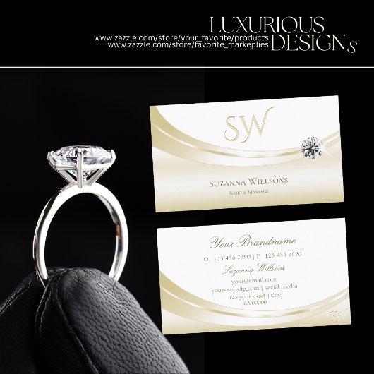 Pastellseide weiß mit Monogramm und Diamant Visitenkarte