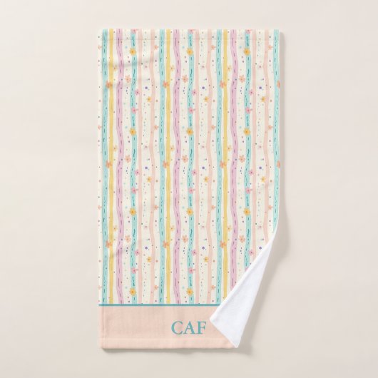Pastellstreifen für Monogramm und Blume Rosa Aquam Badhandtuch Set (Handtuch)