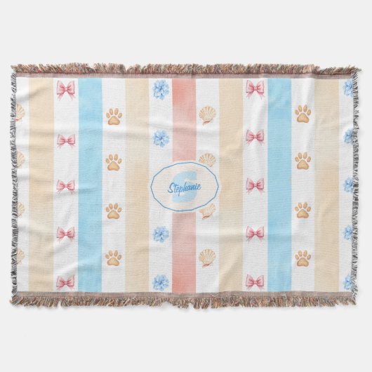 Pastellstreifen - Paw-Prints, blaue Blume, rosa Bo Decke (Vorderseite)