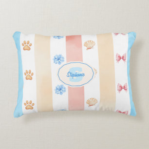 Pastellstreifen - Paw-Prints, blaue Blume, rosa Bo Dekokissen