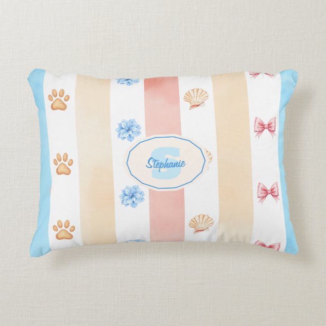 Pastellstreifen - Paw-Prints, blaue Blume, rosa Bo Dekokissen (Vorderseite)