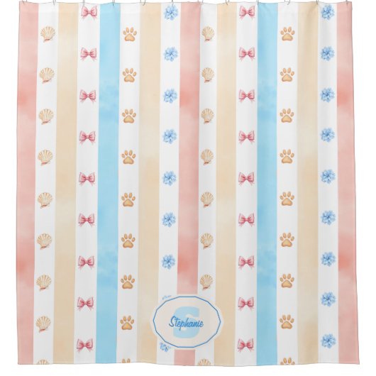 Pastellstreifen - Paw-Prints, blaue Blume, rosa Bo Duschvorhang (Vorderseite)