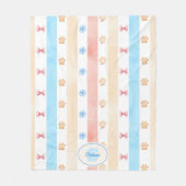 Pastellstreifen - Paw-Prints, blaue Blume, rosa Bo Fleecedecke (Vorderseite)