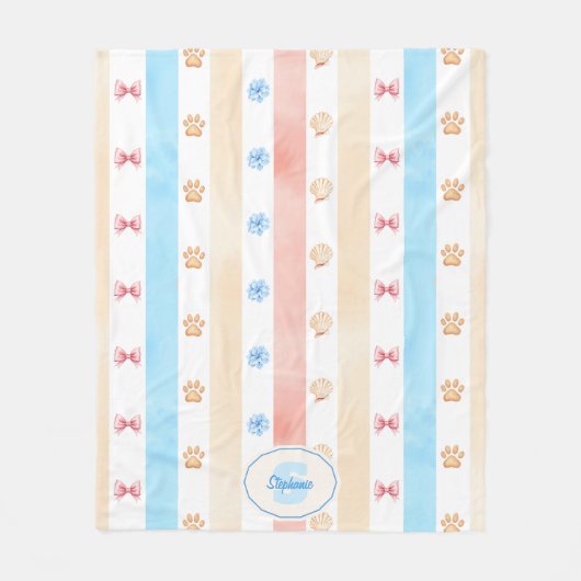 Pastellstreifen - Paw-Prints, blaue Blume, rosa Bo Fleecedecke (Vorderseite)