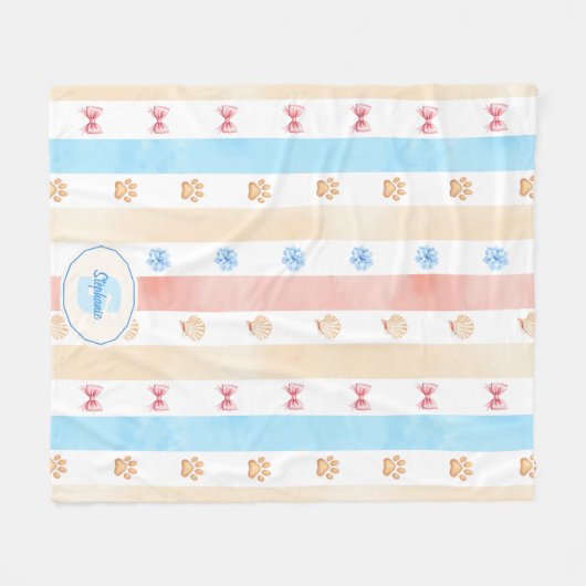 Pastellstreifen - Paw-Prints, blaue Blume, rosa Bo Fleecedecke (Vorderseite (Horizontal))
