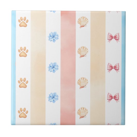 Pastellstreifen - Paw-Prints, blaue Blume, rosa Bo Fliese (Vorderseite)