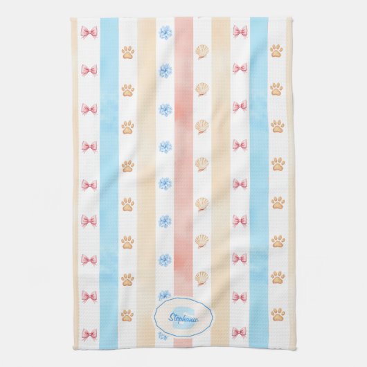 Pastellstreifen - Paw-Prints, blaue Blume, rosa Bo Geschirrtuch (Vertikal)