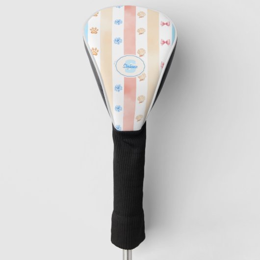 Pastellstreifen - Paw-Prints, blaue Blume, rosa Bo Golf Headcover (Vorderseite)