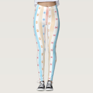 Pastellstreifen - Paw-Prints, blaue Blume, rosa Bo Leggings