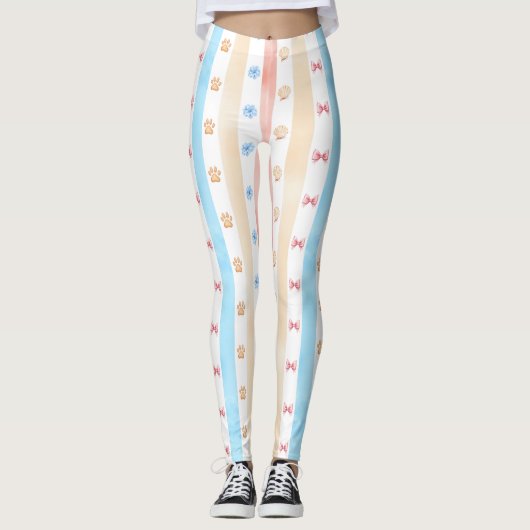 Pastellstreifen - Paw-Prints, blaue Blume, rosa Bo Leggings (Vorderseite)