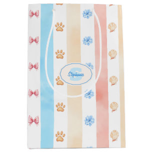 Pastellstreifen - Paw-Prints, blaue Blume, rosa Bo Mittlere Geschenktüte