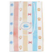 Pastellstreifen - Paw-Prints, blaue Blume, rosa Bo Mittlere Geschenktüte (Rückseite)