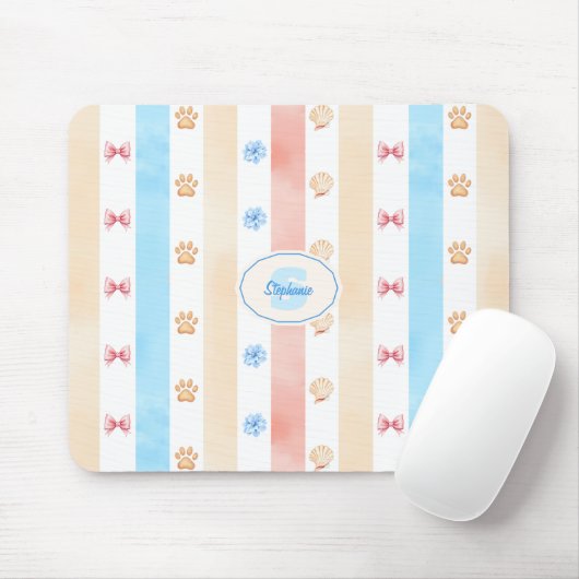 Pastellstreifen - Paw-Prints, blaue Blume, rosa Bo Mousepad (Mit Mouse)