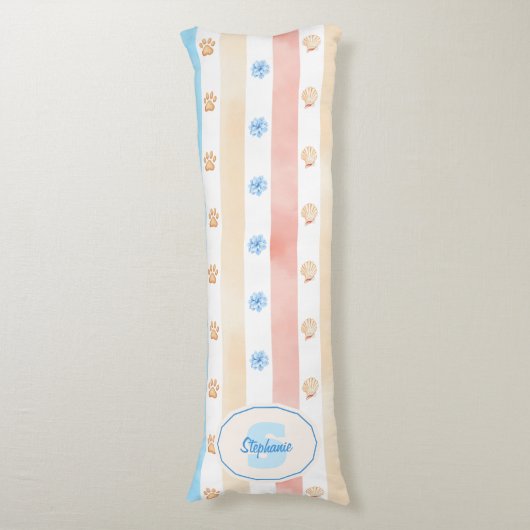 Pastellstreifen - Paw-Prints, blaue Blume, rosa Bo Seitenschläferkissen (Vorderseite Vertikal)