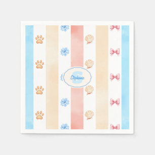 Pastellstreifen - Paw-Prints, blaue Blume, rosa Bo Serviette