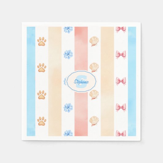 Pastellstreifen - Paw-Prints, blaue Blume, rosa Bo Serviette (Vorderseite)