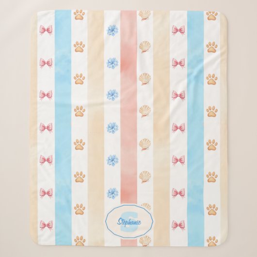 Pastellstreifen - Paw-Prints, blaue Blume, rosa Bo Sherpadecke (Vorderseite)