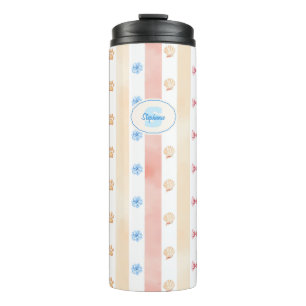 Pastellstreifen - Paw-Prints, blaue Blume, rosa Bo Thermosbecher