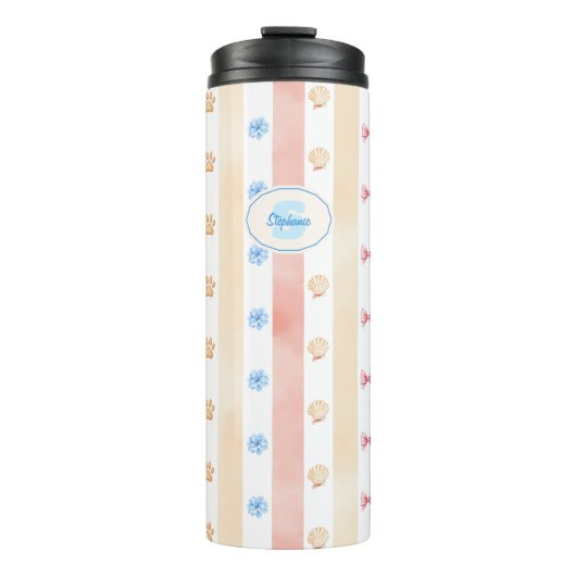 Pastellstreifen - Paw-Prints, blaue Blume, rosa Bo Thermosbecher (Vorderseite)