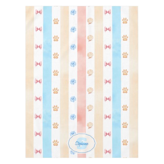 Pastellstreifen - Paw-Prints, blaue Blume, rosa Bo Tischdecke (Vorderseite)