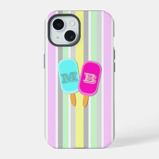 Pastellstreifen und Eis Monogramm iPhone 15 Hülle (Rückseite)