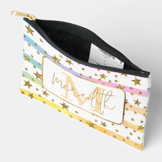 Pastellstreifen und Goldsterne personalisiert Zubehörtasche (Offen)