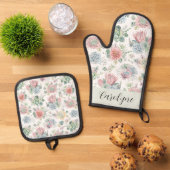 Pastellsukkulturen und Blume Muster Personalisiert Ofenhandschuh & Topflappen-Set (Oben Unten)