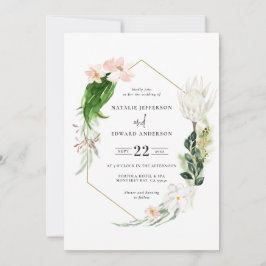 Pastelltropische + goldene, geometrische Hochzeits Save The Date