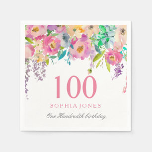 Pastellwatercolor-Blumen-100. Geburtstags-Party Serviette